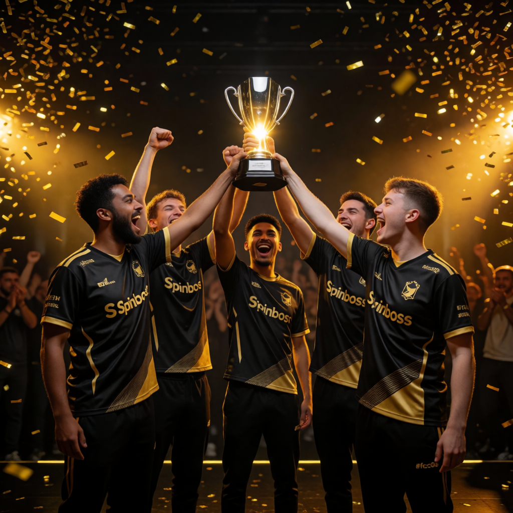 Spinboss clan celebration with teammates cheering after a tournament victory